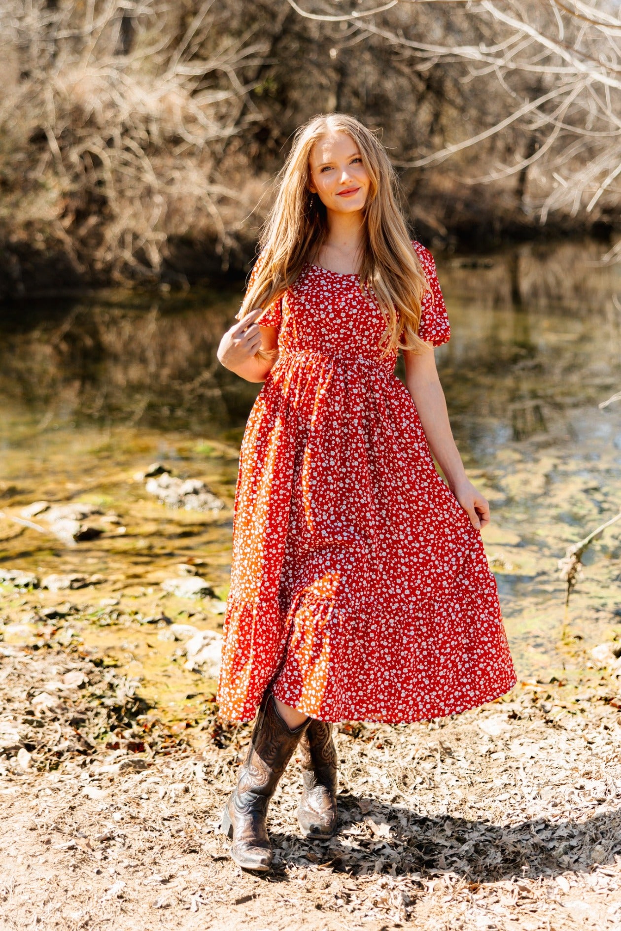 Red Floral Puff Sleeve Midi Dress X-Large