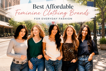 Best Affordable Feminine Clothing Brands for Everyday Fashion blog cover featuring five women in chic, budget-friendly outfits, including lace-trim tops, blouses, and denim, posing in a vibrant downtown Dallas street scene.