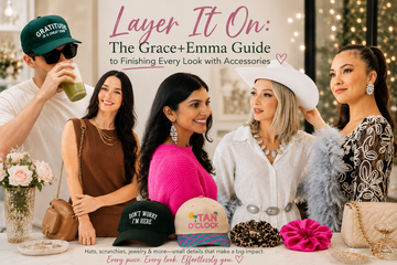 A stylish group of women wearing Grace+Emma accessories, including statement necklaces, elegant earrings, layered jewelry, handbags, and a hat.