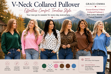 Woman wearing Grace+Emma V-Neck Collared Pullover in Green cotton blend sweater with classic V-neck collar for casual everyday style.