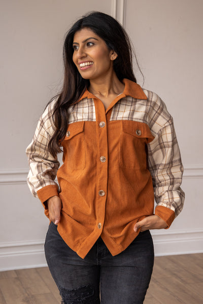 Cozy Calling Rust Plaid Button Down Top