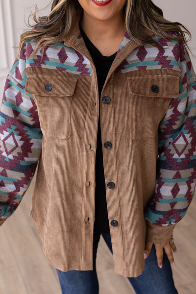 Tan Corduroy Shacket with Aztec Details