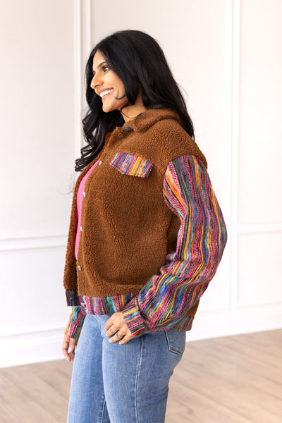 Brown Sherpa with Multi-Colored Sleeves