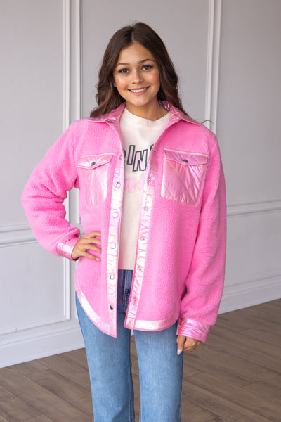 Hey Darling Bubble Gum Pink Button Up Sherpa