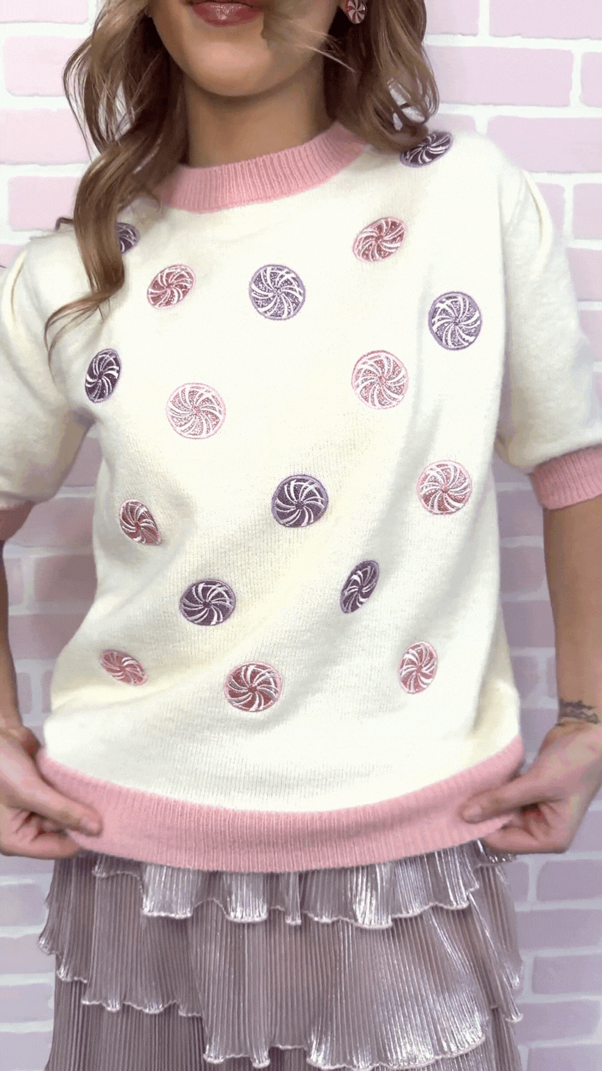 Glitter Peppermints on Puff Sleeve Knit Top