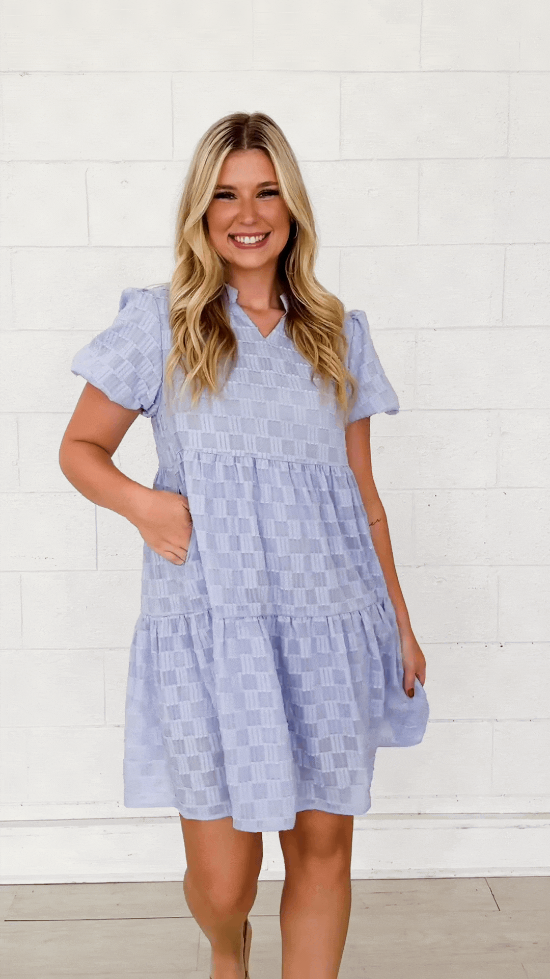 V-Neck Checkered Dress, Purple