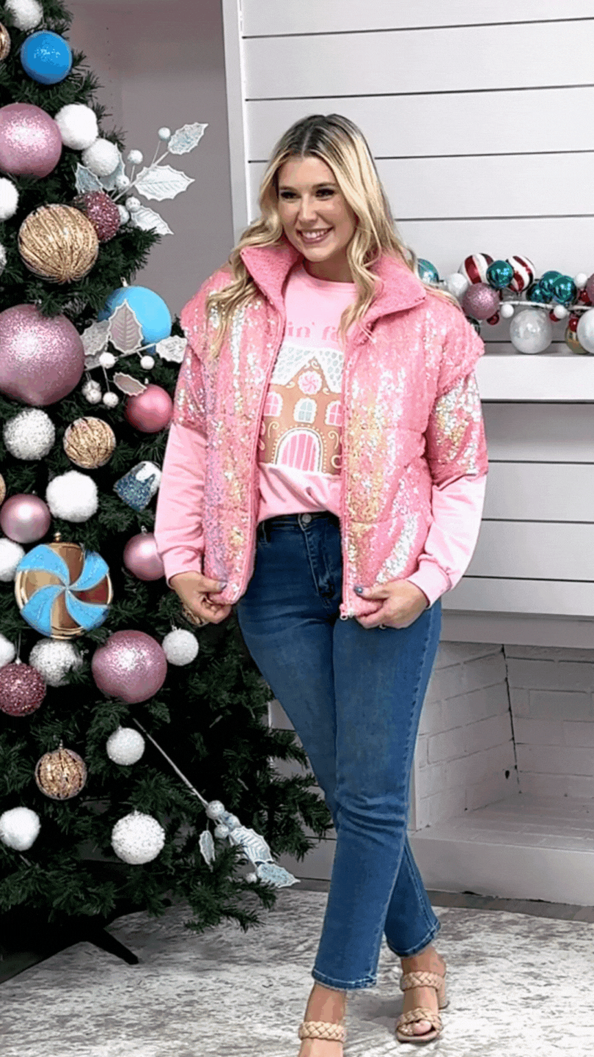 Sequin Puffer Vest, Pink