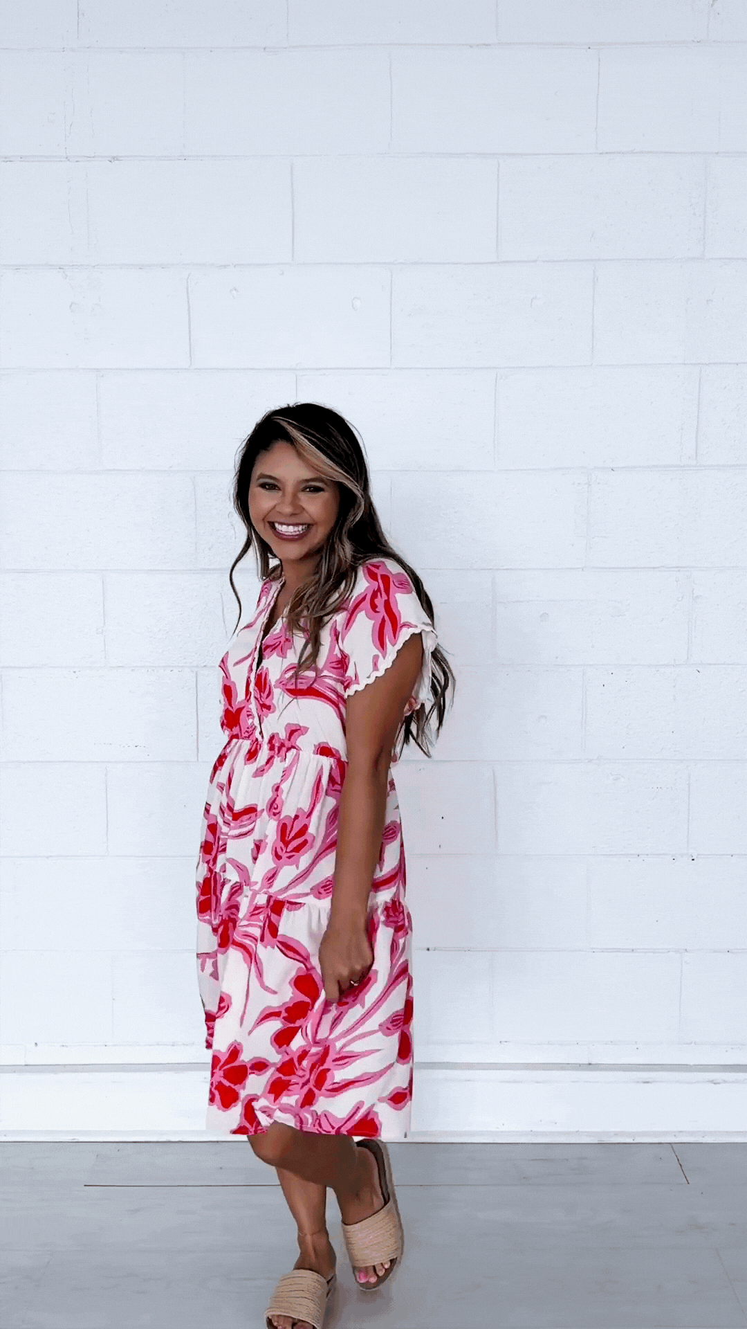 Pink Floral Dress Scallop Trim