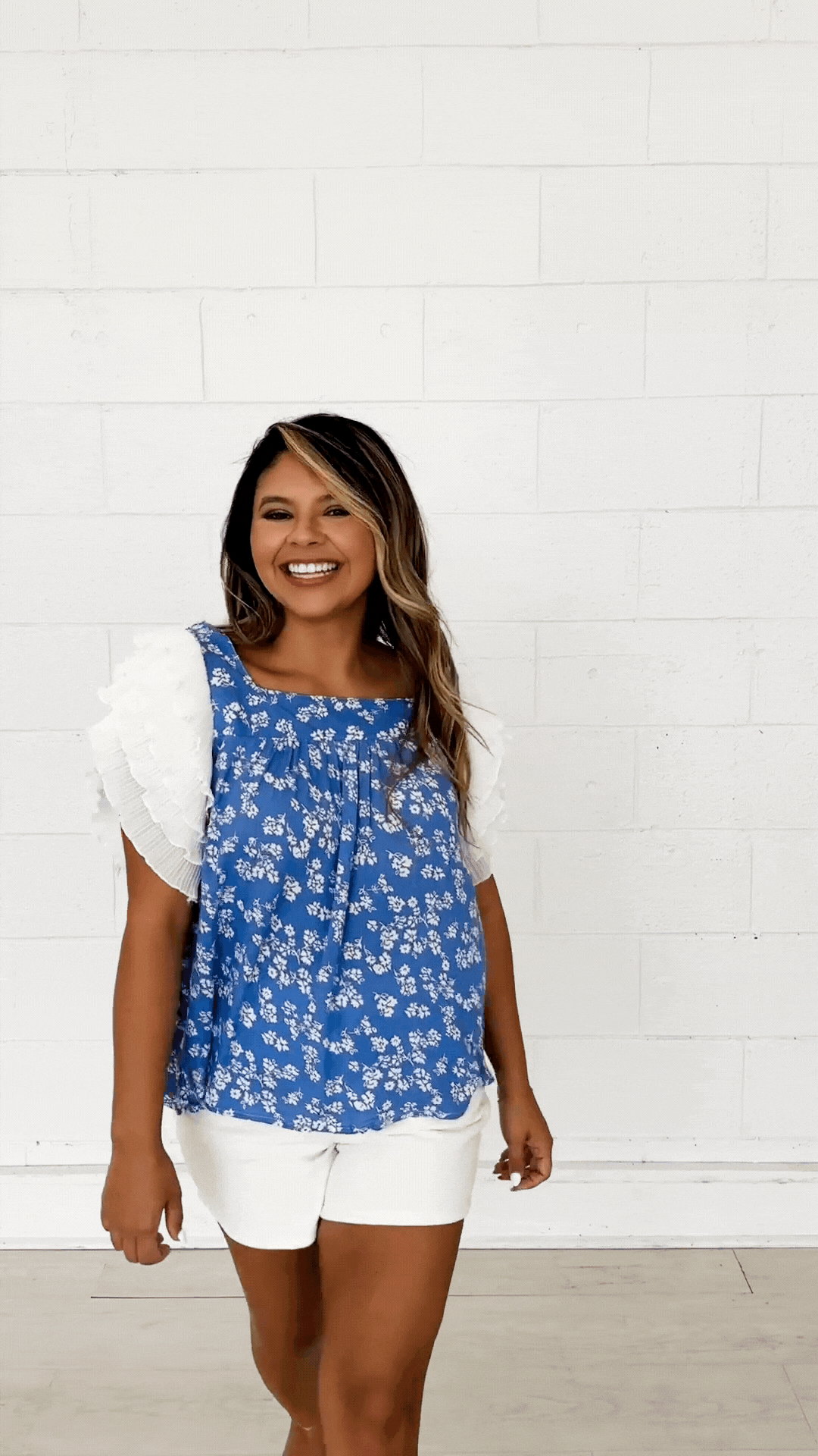 Blue Floral Blouse Ruffle Sleeve