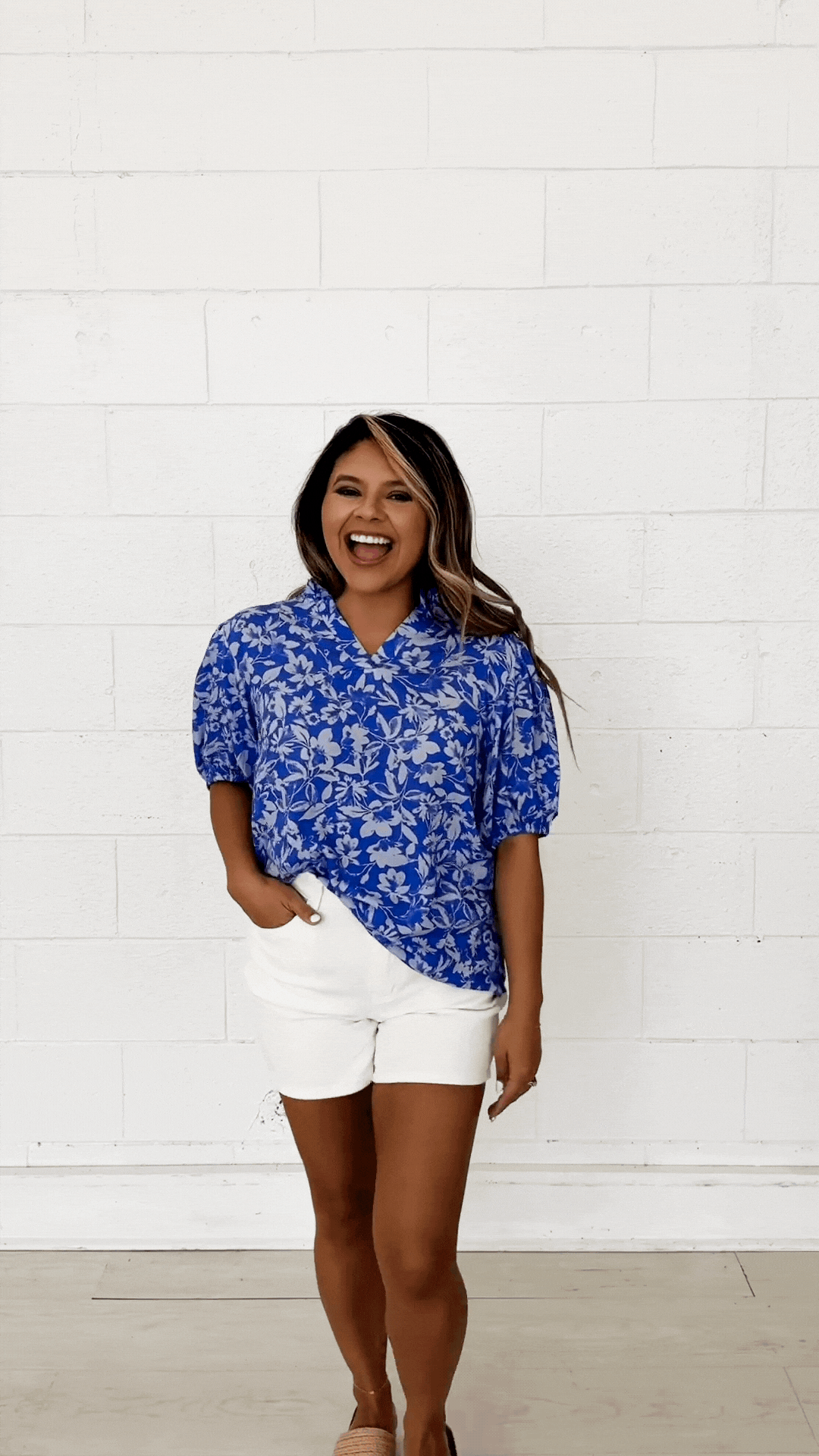 Blue Floral Puff Sleeve Blouse