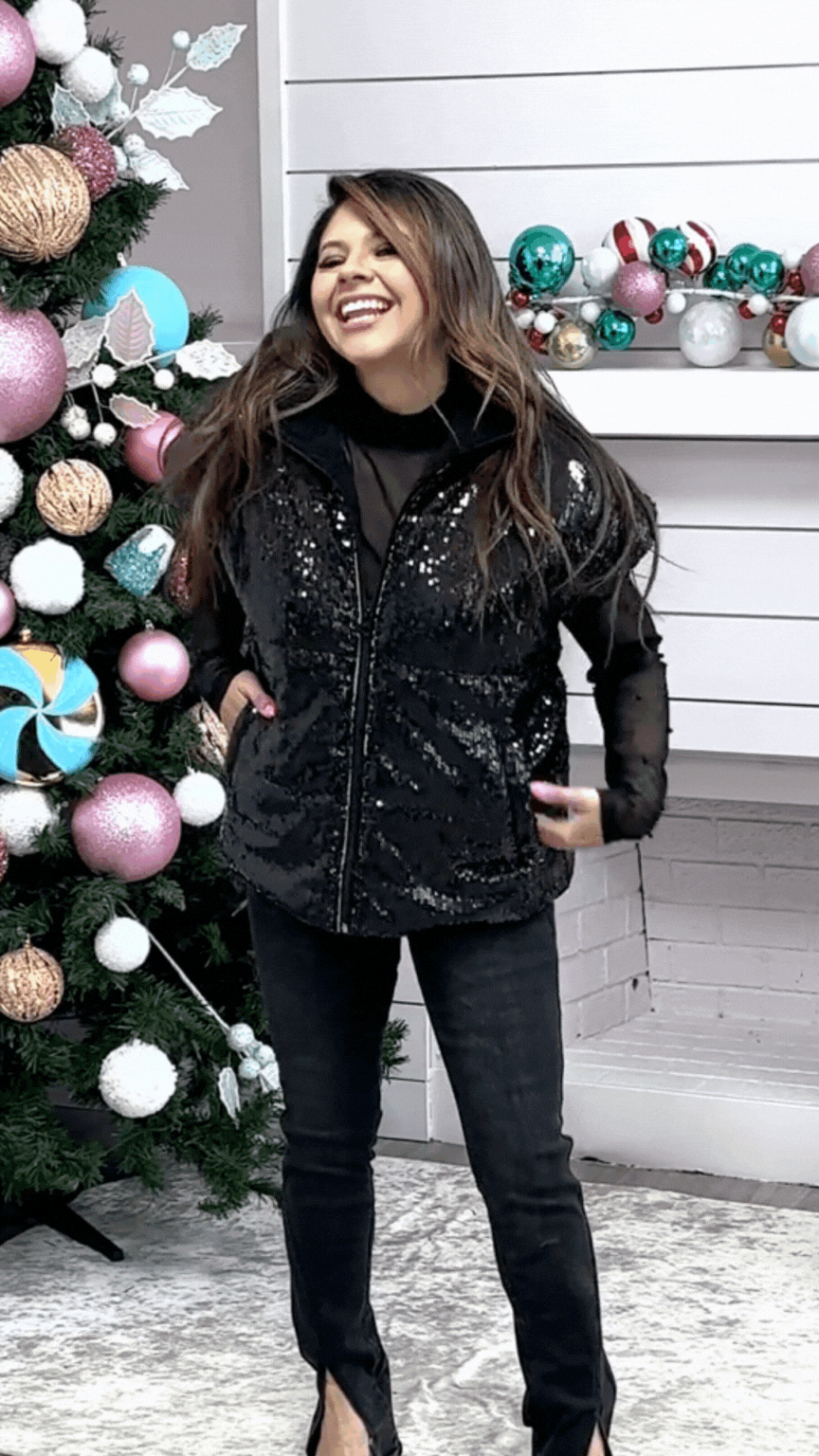 Sequin Puffer Vest, Black