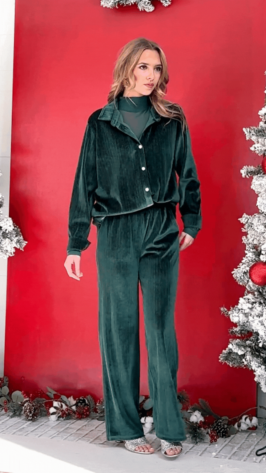 Velvet Straight-Leg Pants, Green