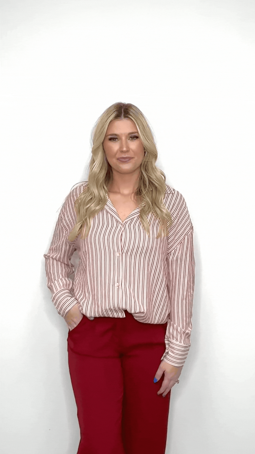 Kathryn Classic Button-Up, Red Stripes