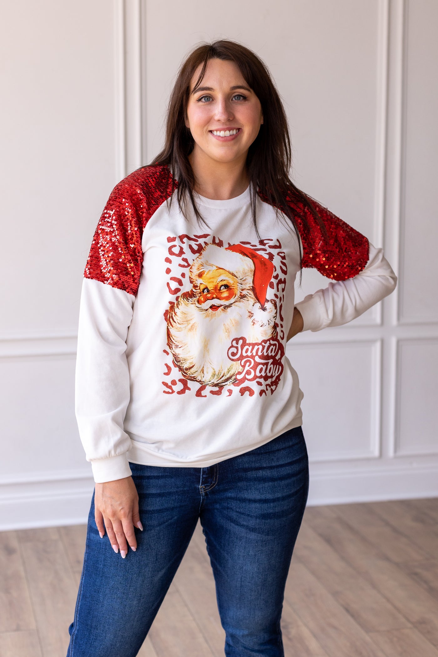 Santa on White Sweatshirt with Red Sequin Details