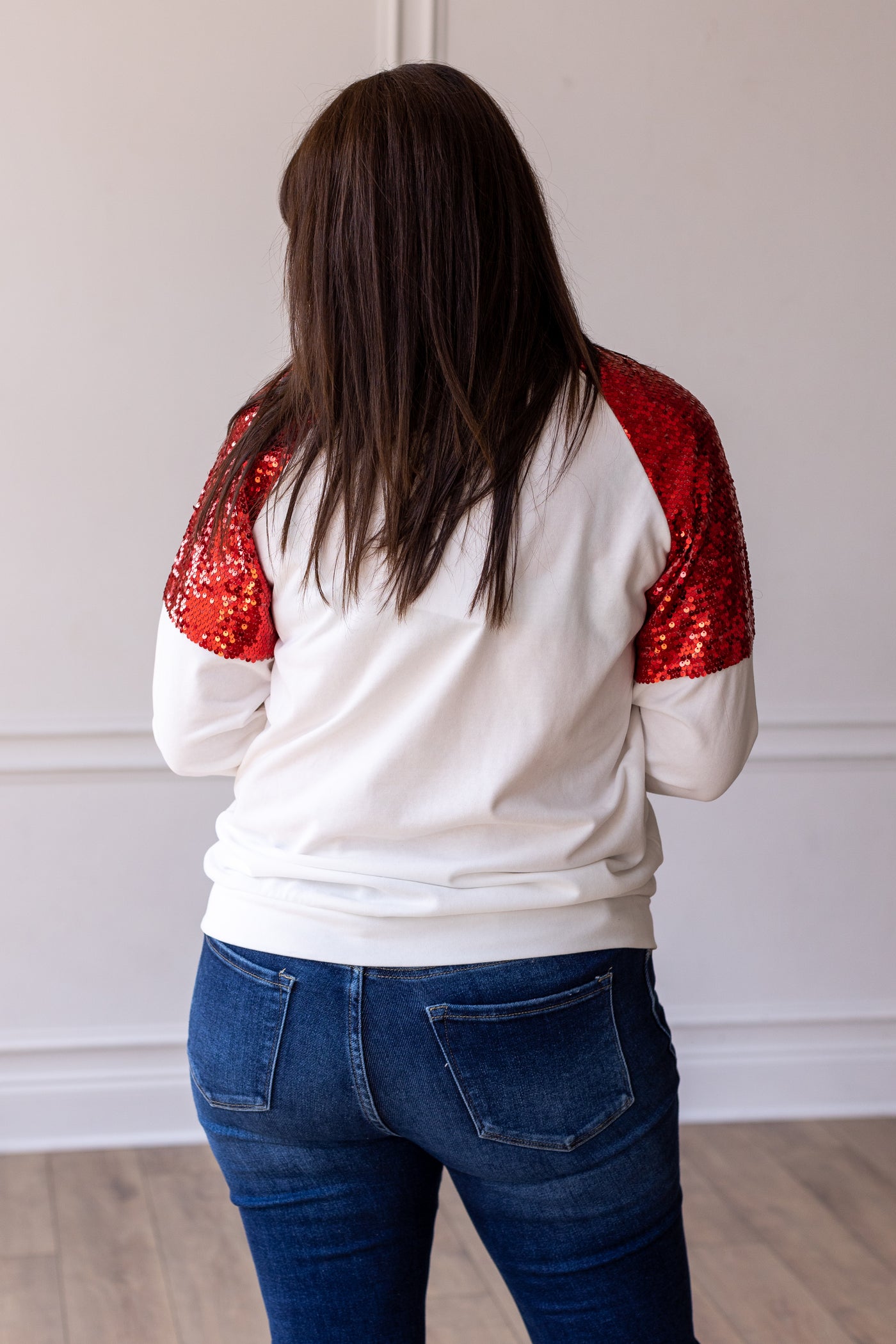 Santa on White Sweatshirt with Red Sequin Details
