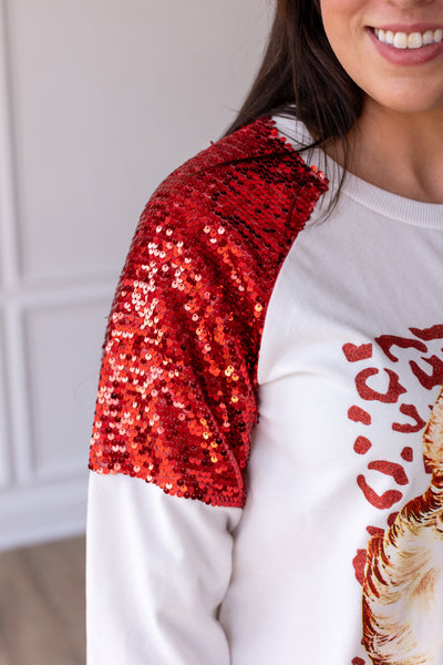 Santa on White Sweatshirt with Red Sequin Details