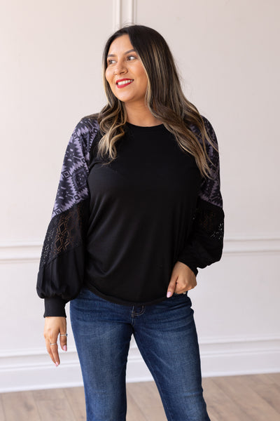 Black Top with Aztec Lace Puff Sleeve