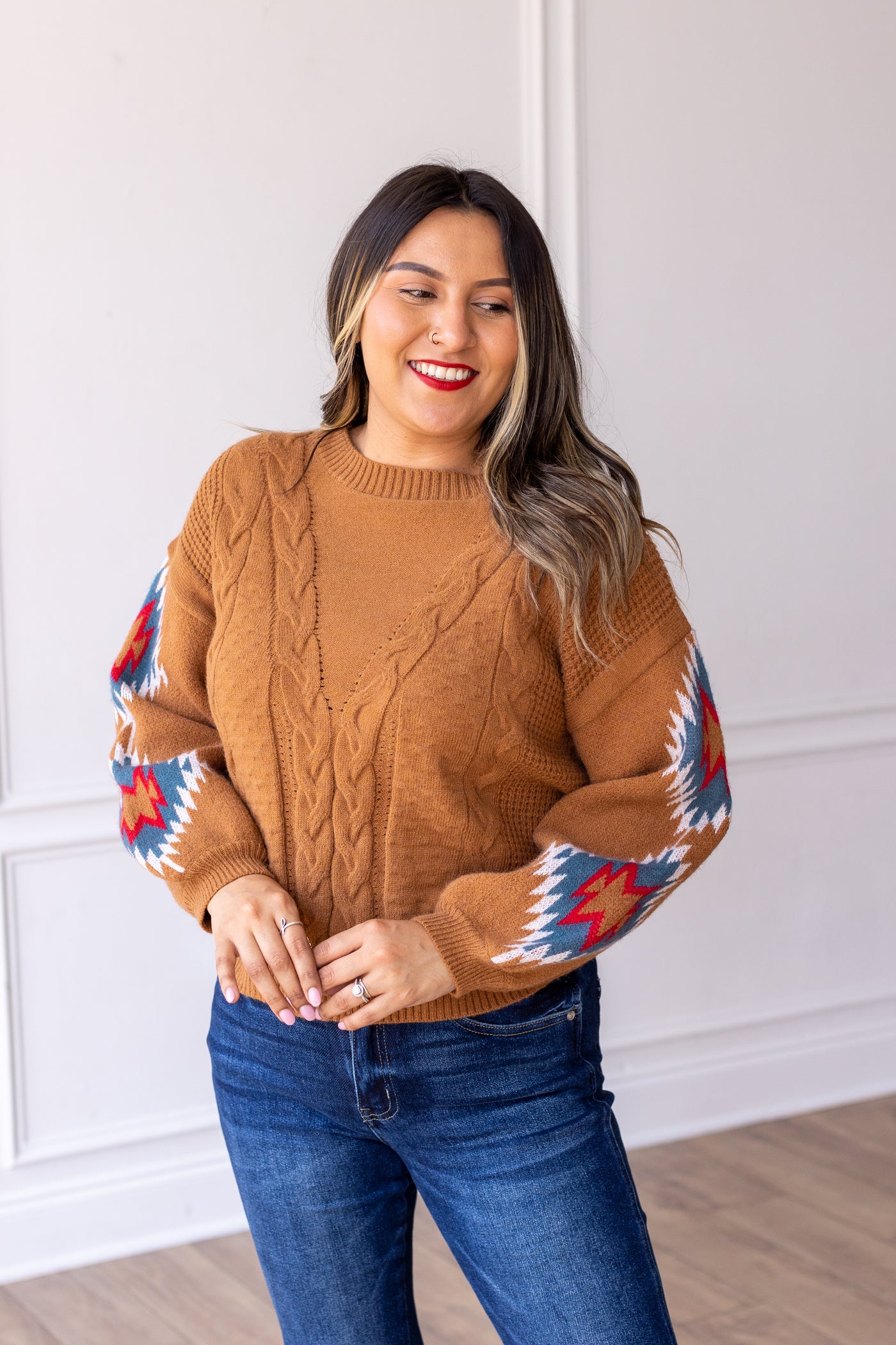 Terracotta Horizon Aztec Sleeve Sweater