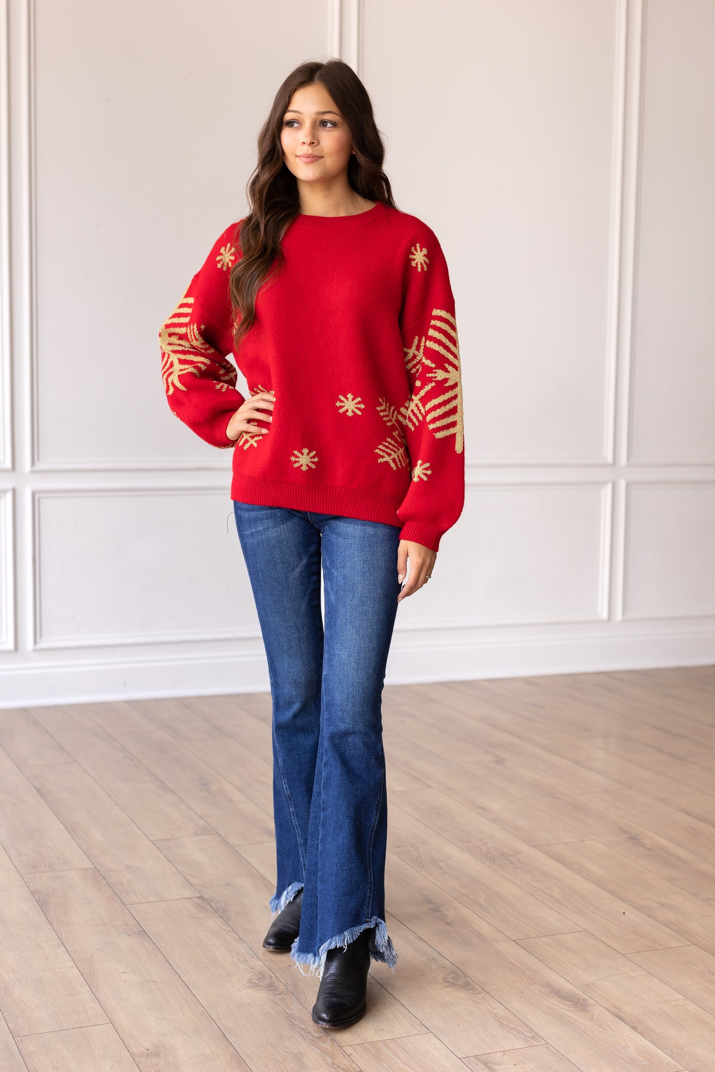 Nightfall Frost Red Sweater with Gold Snowflakes