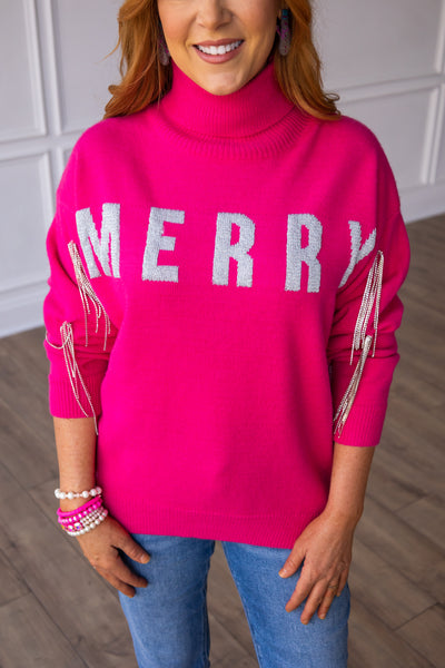Pink Sweater with Merry and Rhinestone Tassel