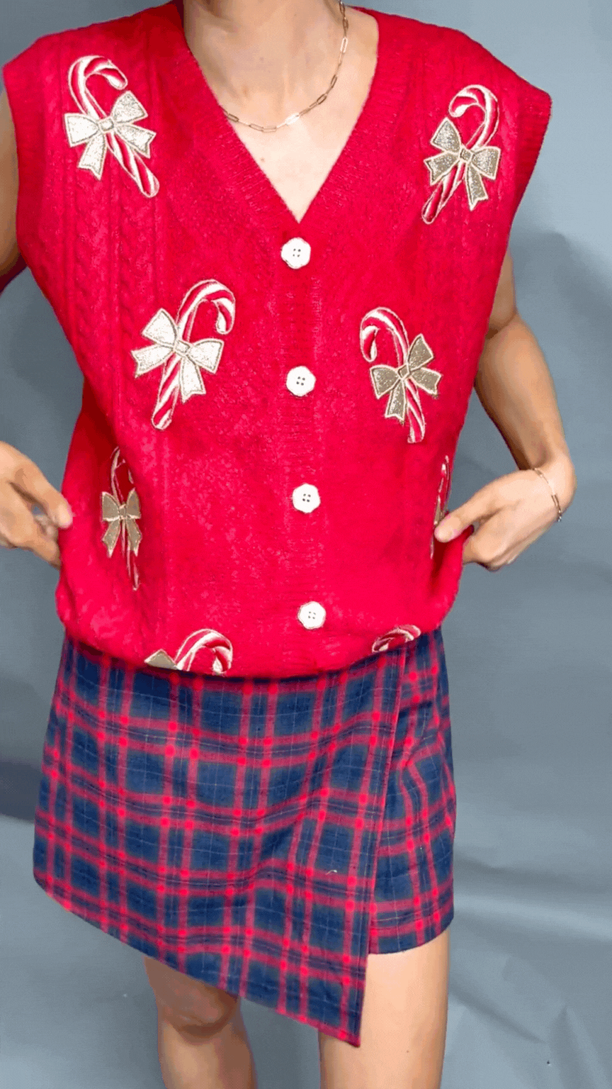 Red Shimmer Sweater Vest with Candy Cane Patches
