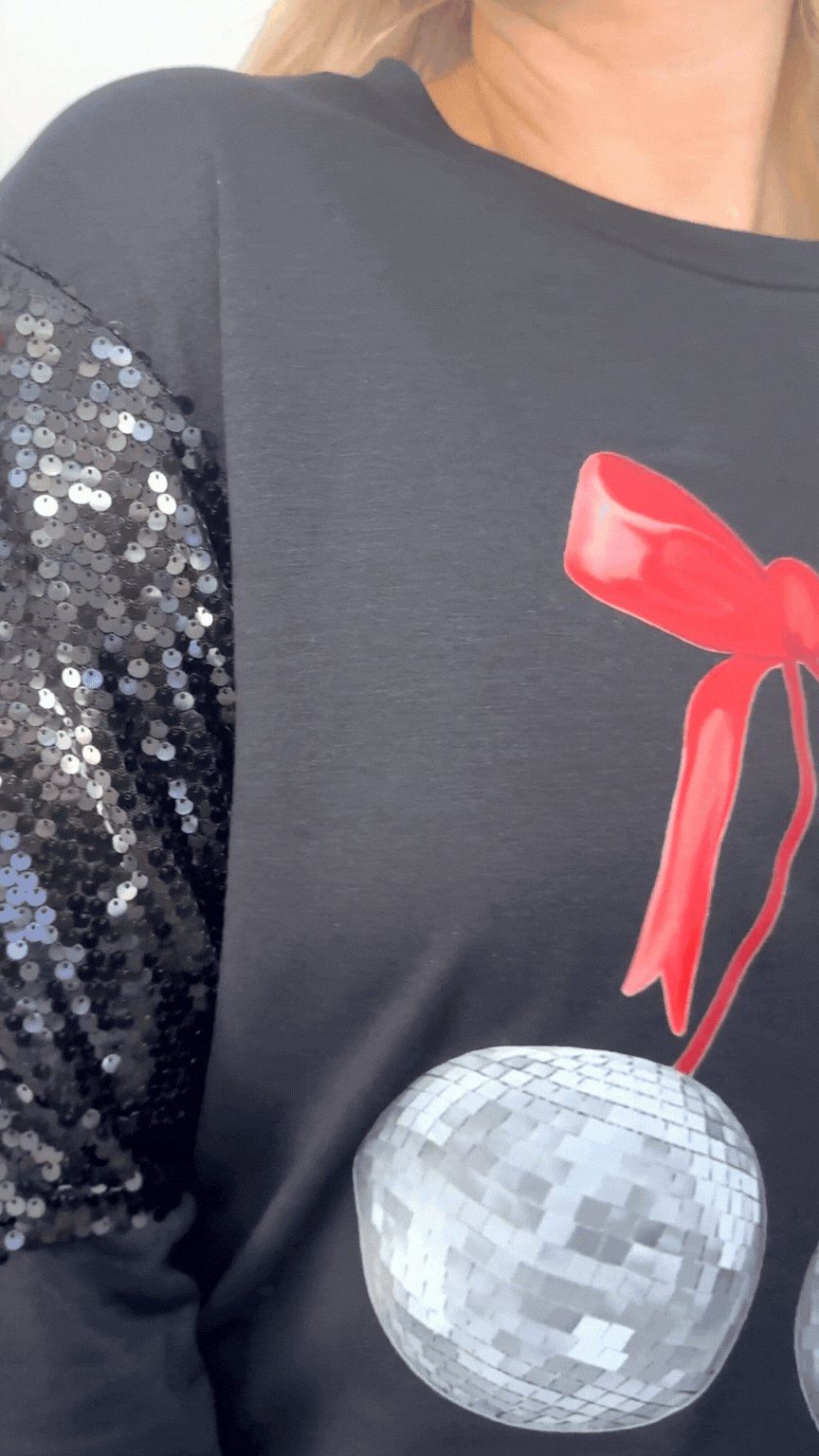 Disco Ball with Bow on Light Weight Sequins Crewneck, Black