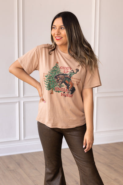 Giddy Up Jingle Horse on Taupe Crewneck Top