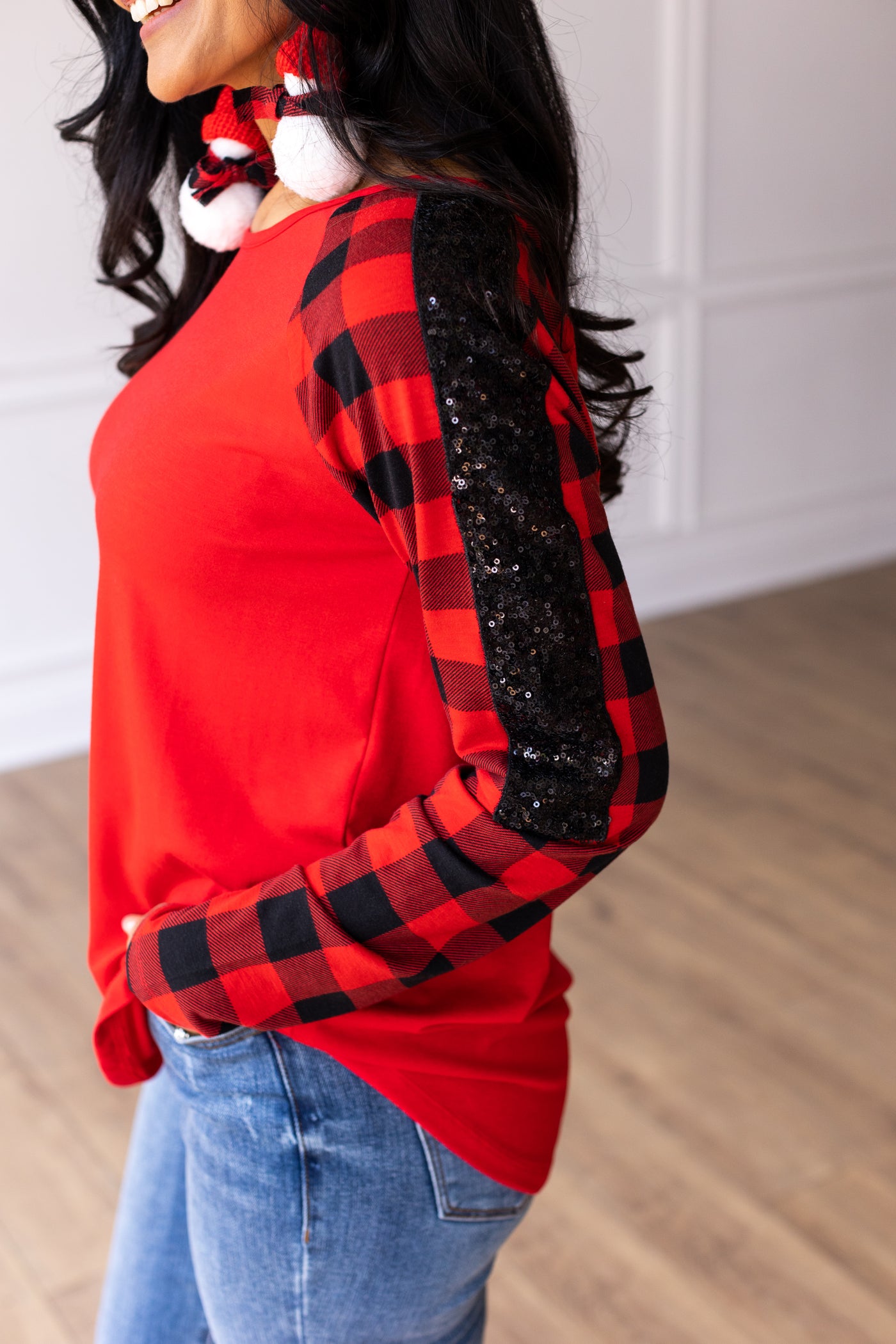 Red Top with Buffalo Plaid Raglan Sleeves