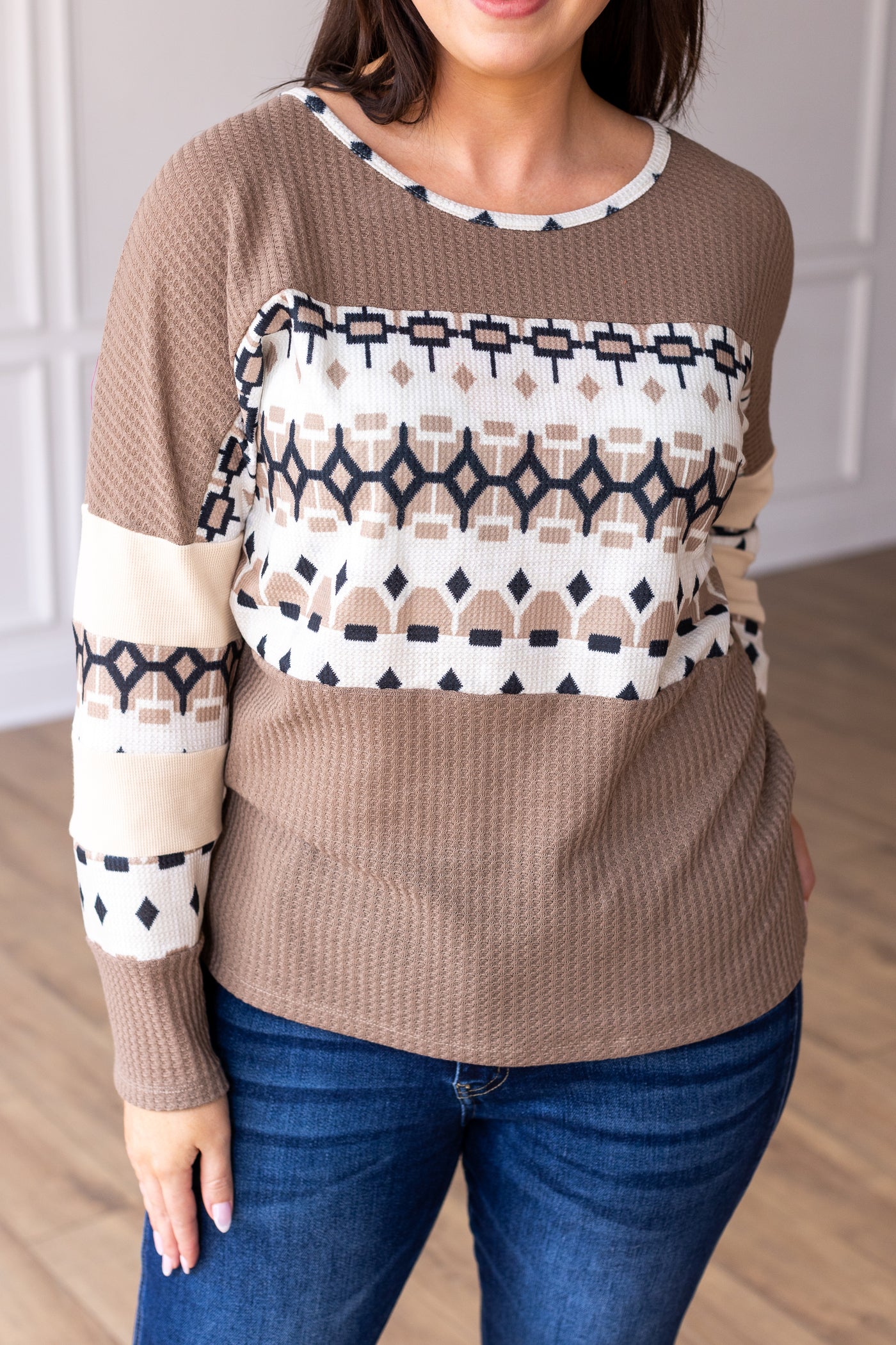 Tan Waffle Knit With Aztec Details