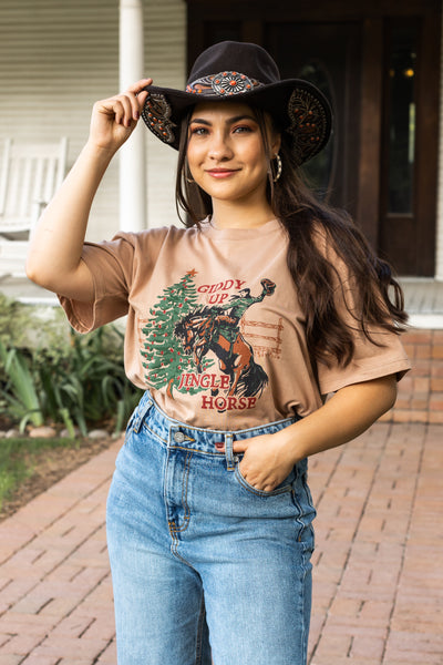 Giddy Up Jingle Horse on Taupe Crewneck Top