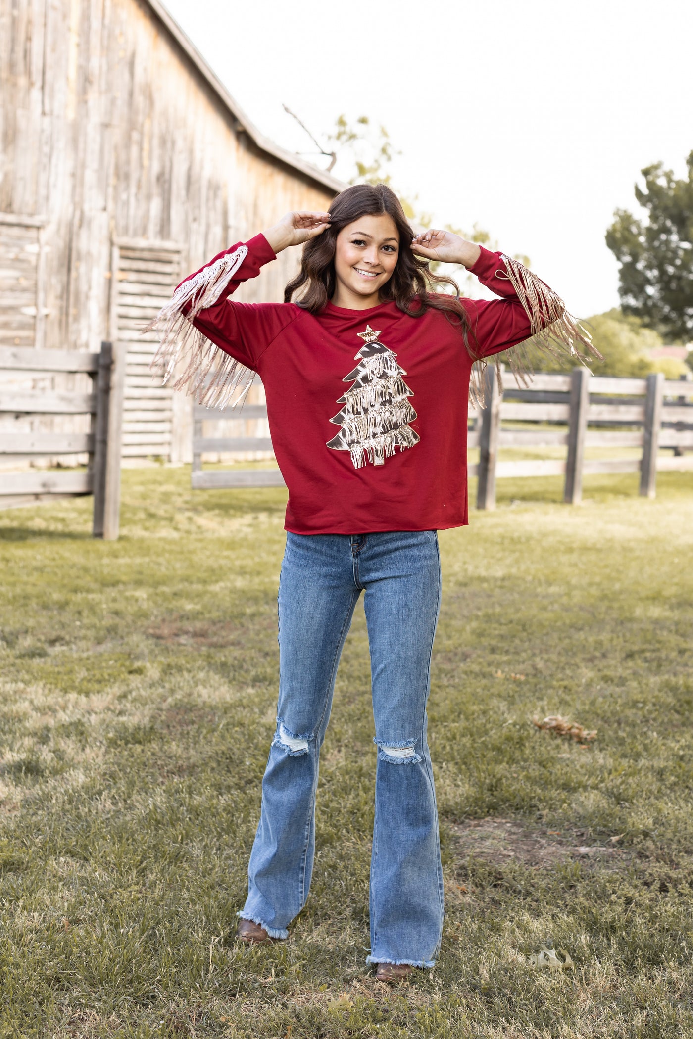 Red Top With Cowhide Tree and Sequin Fringe