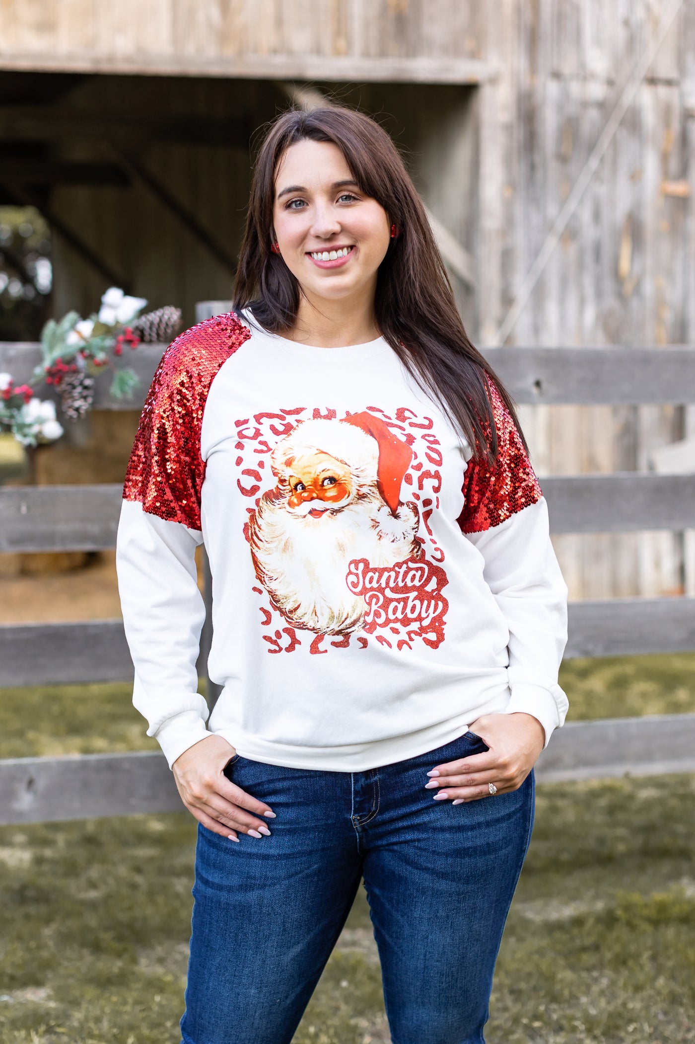 Santa on White Sweatshirt with Red Sequin Details