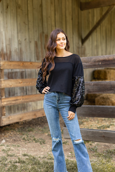 Black Waffle Knit Top with Mesh and Sequin Details
