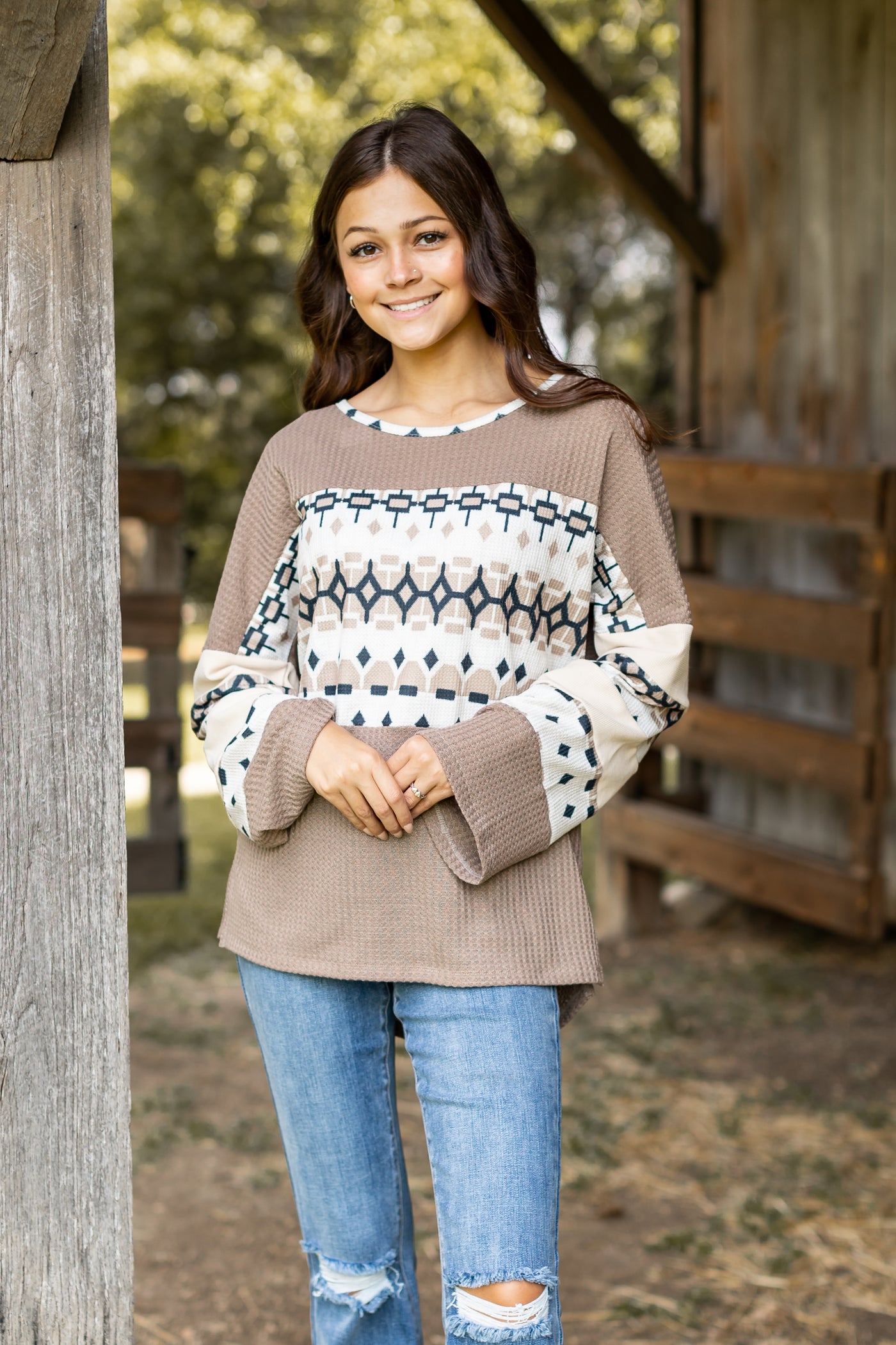 Tan Waffle Knit With Aztec Details