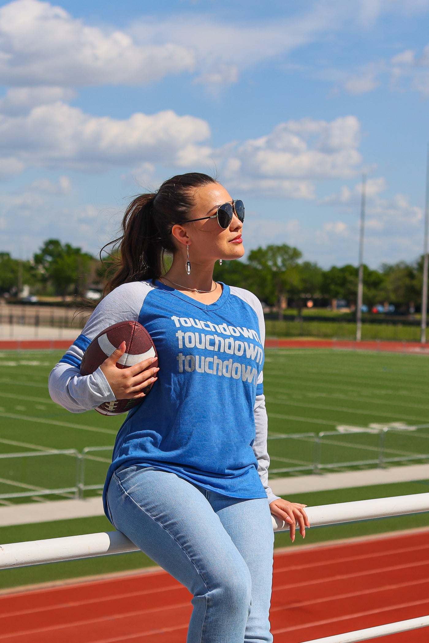 Touchdown Touchdown Touchdown on Royal Blue Longsleeve Tee with Grey Sleeves & Varsity Stripe
