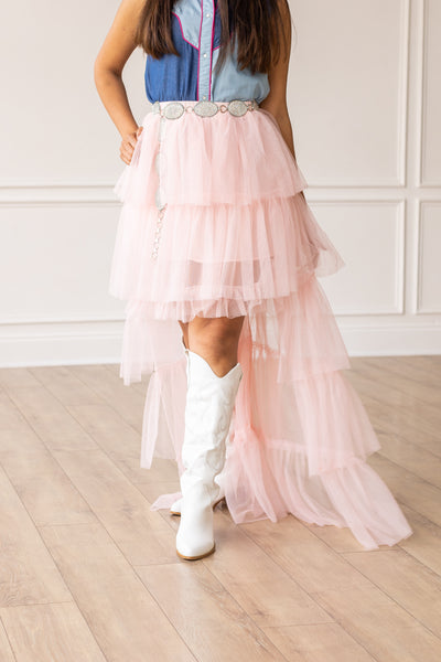 Pink Tulle Ruffled Maxi Dress