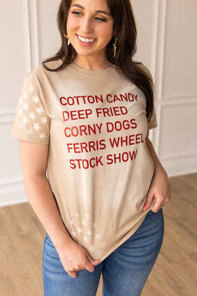 Cotton Candy Deep Fried on Beige Acid Wash Tee with Stars
