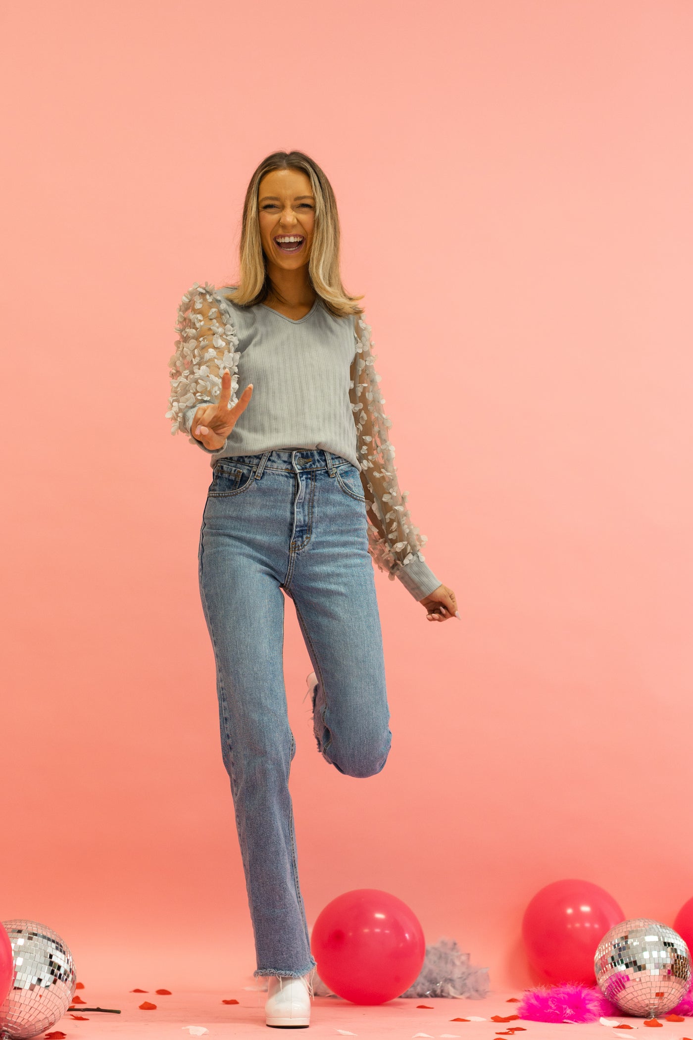 Love Blooms Grey Mesh Sleeve Top