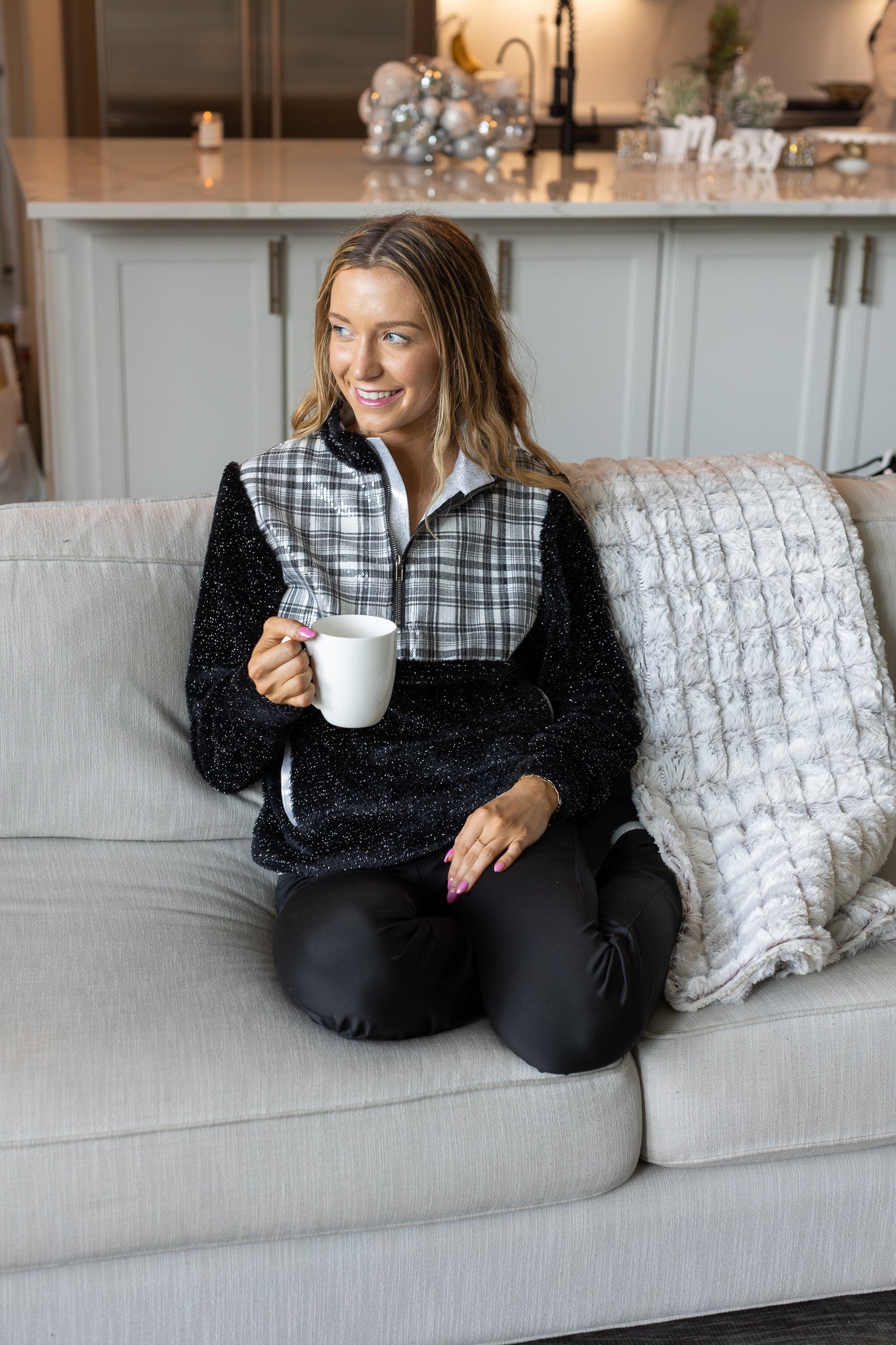 Pumpkin Patch Ready Black Gingham Sherpa Half Zipper