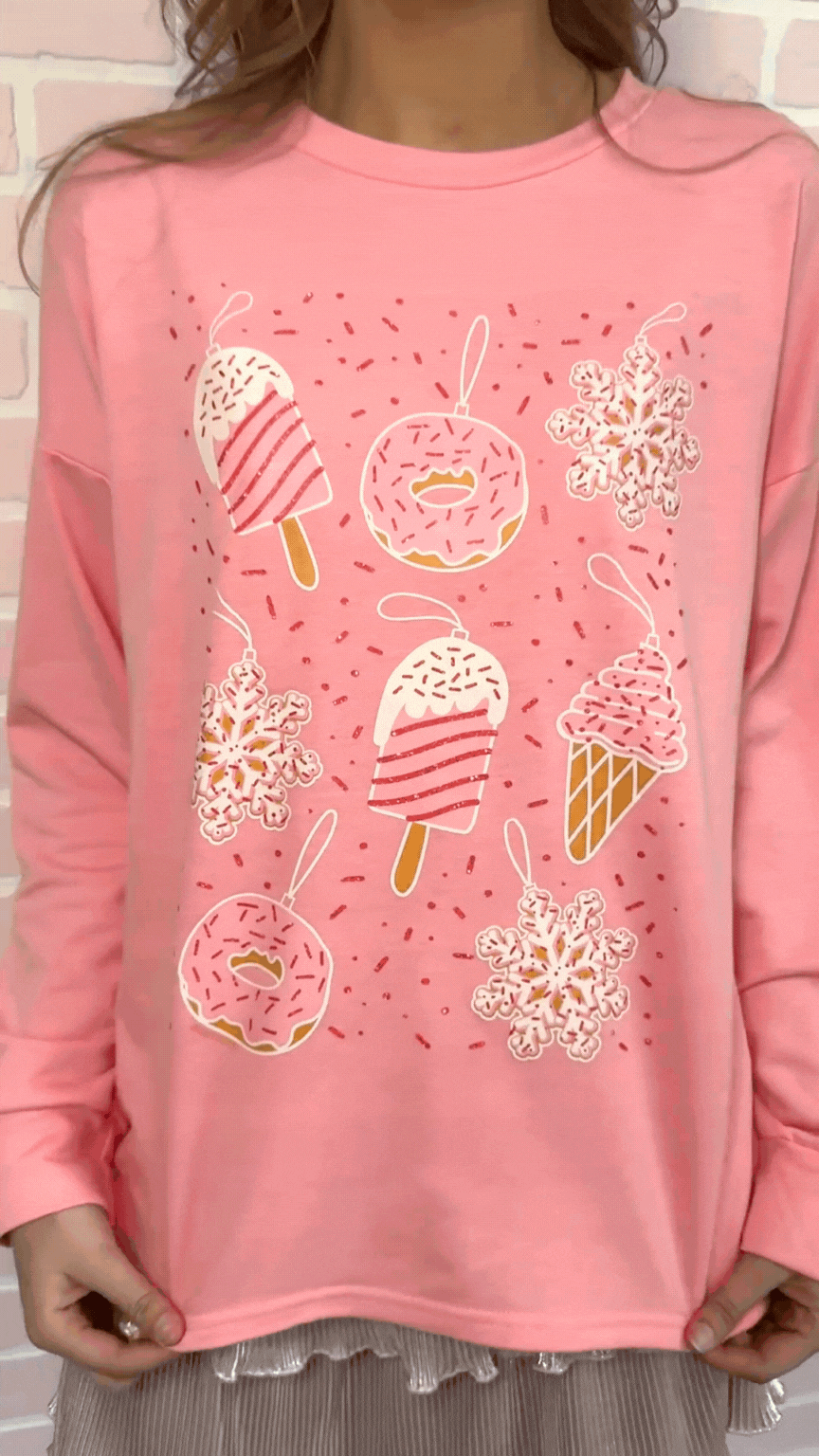 Sweet Christmas Ornaments on French Terry Crewneck, Pink