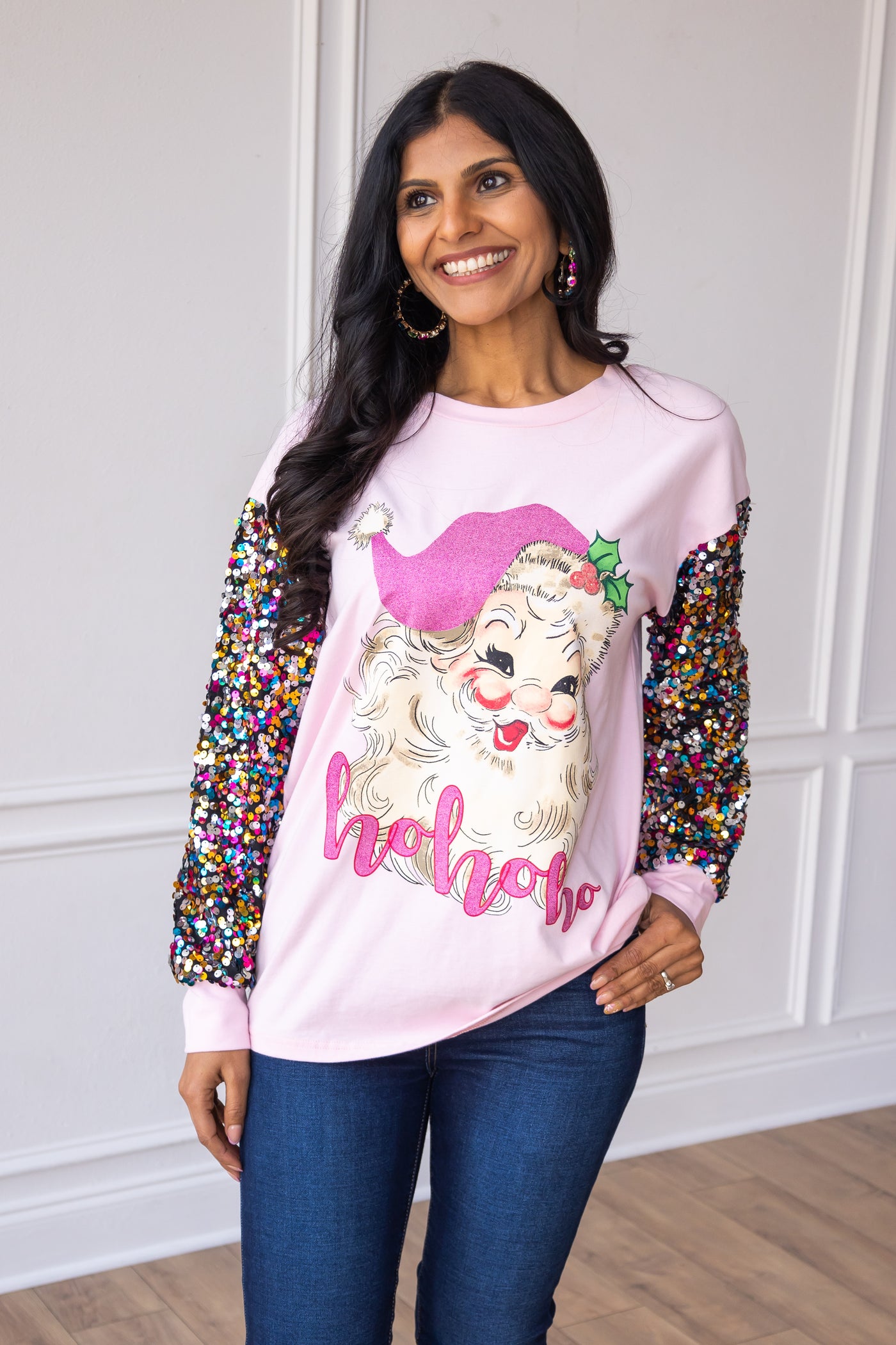 Pink Sequin Sleeve Santa Clause