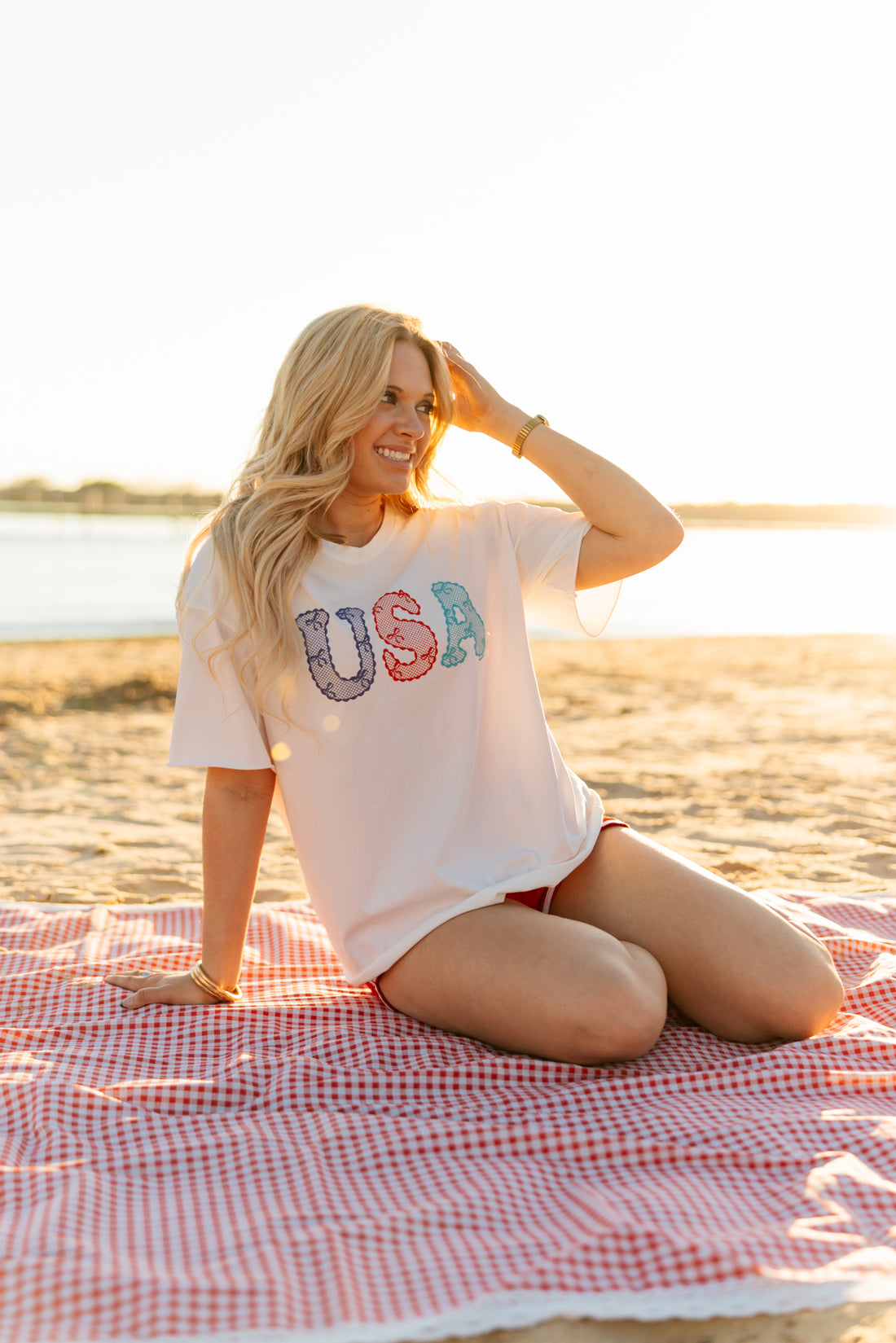 USA Lace Bows on White Blank Tee Shirt