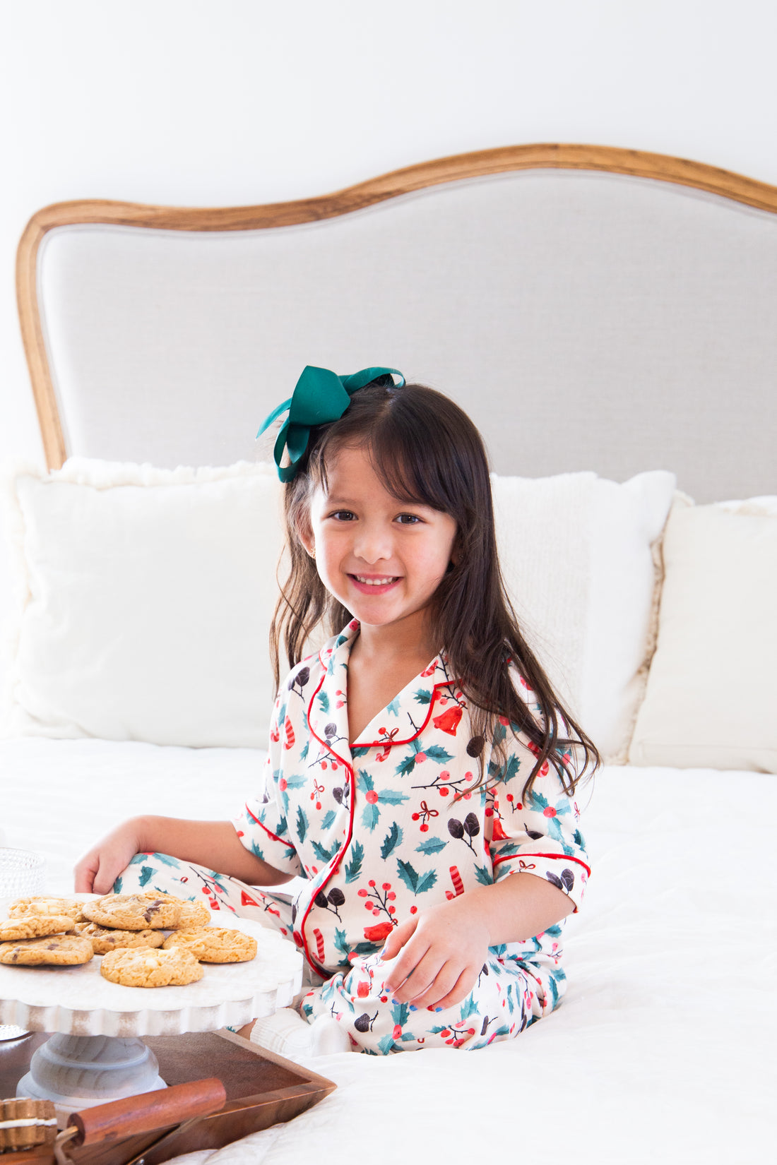 Kids PJ Set, Ivory Holly Print