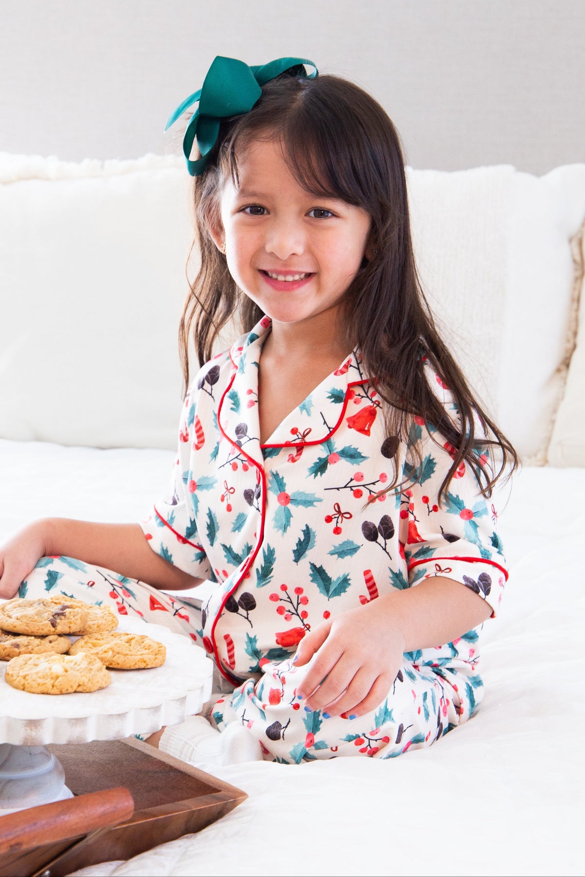 Kids PJ Set, Ivory Holly Print