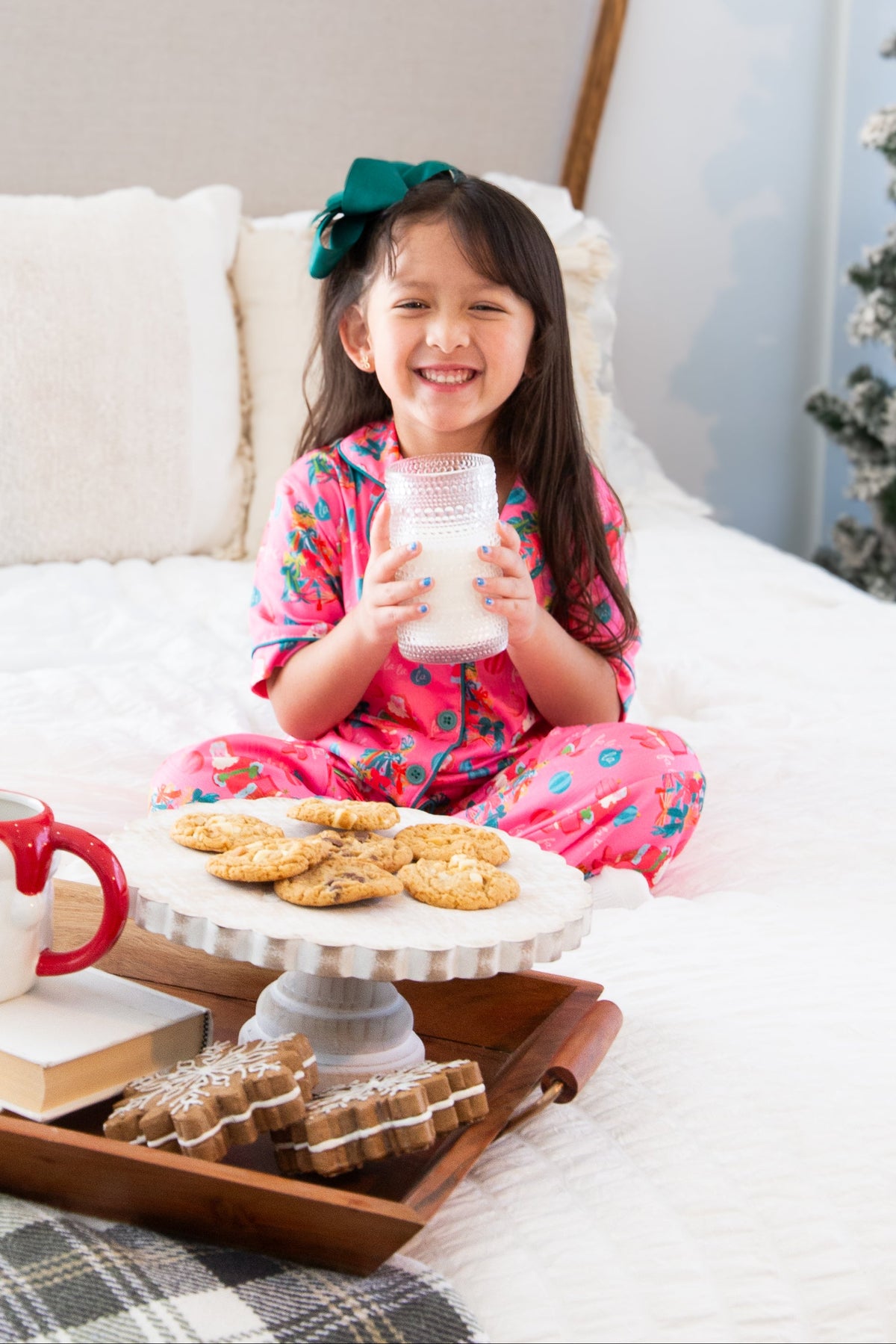 Kids PJ Set, Pink Santa Print