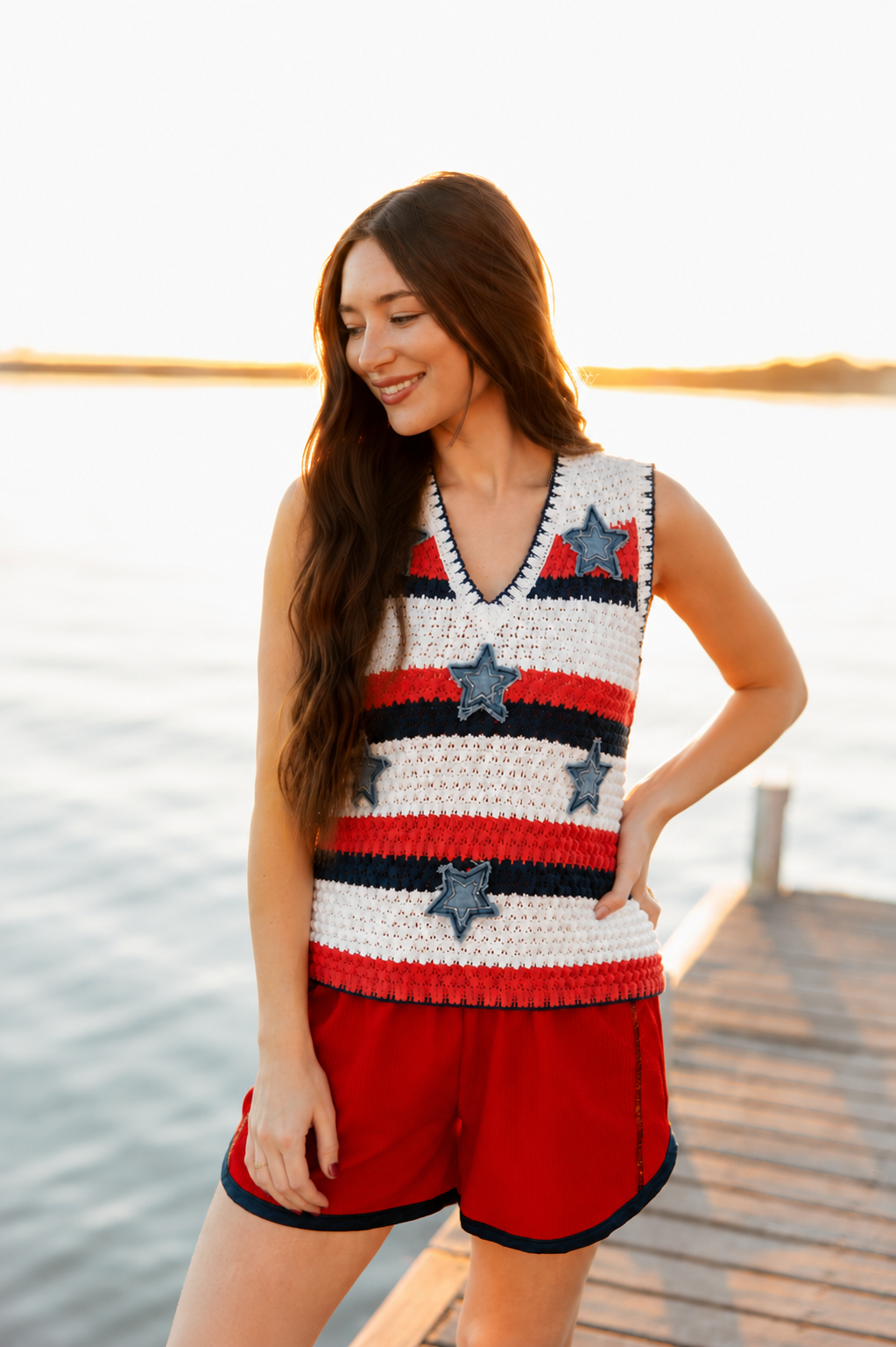 Crochet Top with Denim Patches