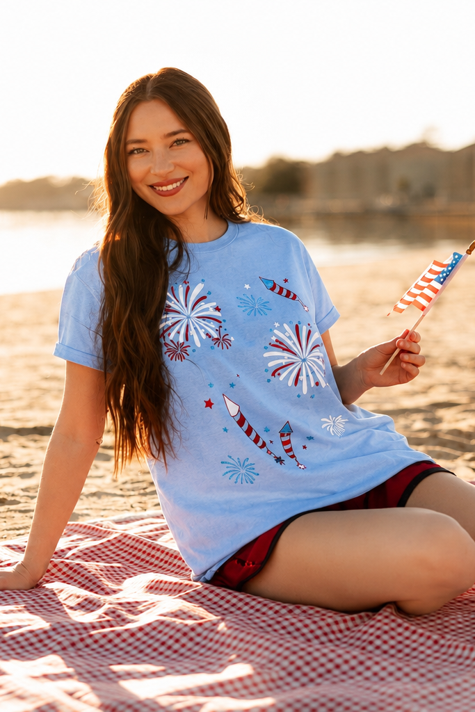 Fireworks on Blue Tee Shirt