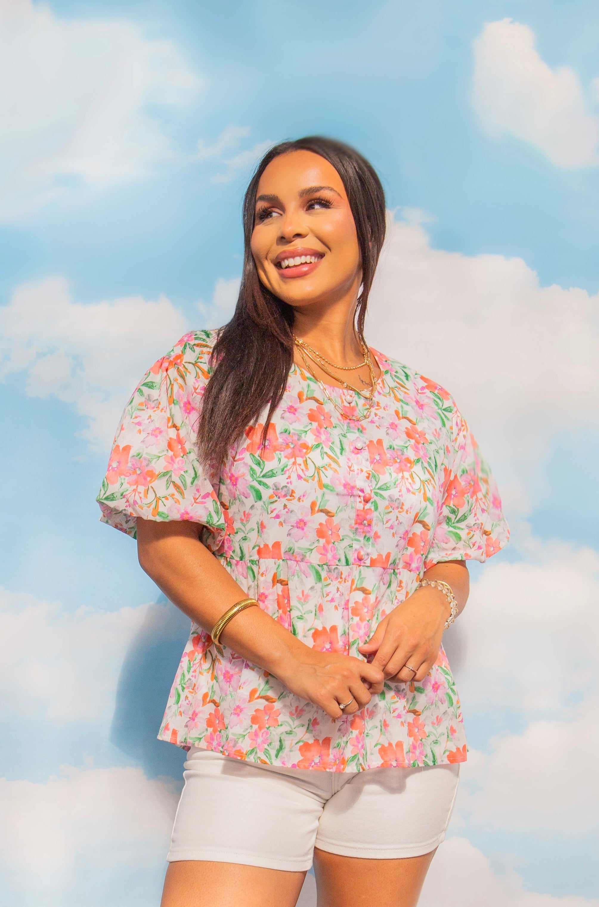 Puff Sleeve Blouse, Watercolor Flowers