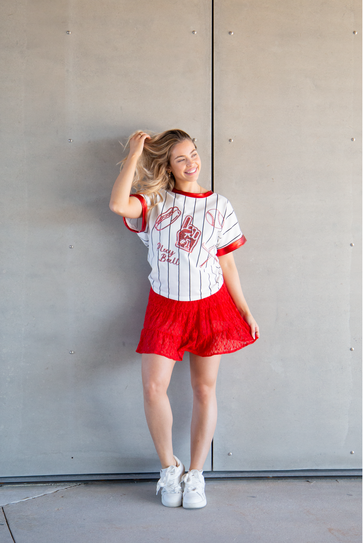 Baseball Glitter Elements on White Striped Top