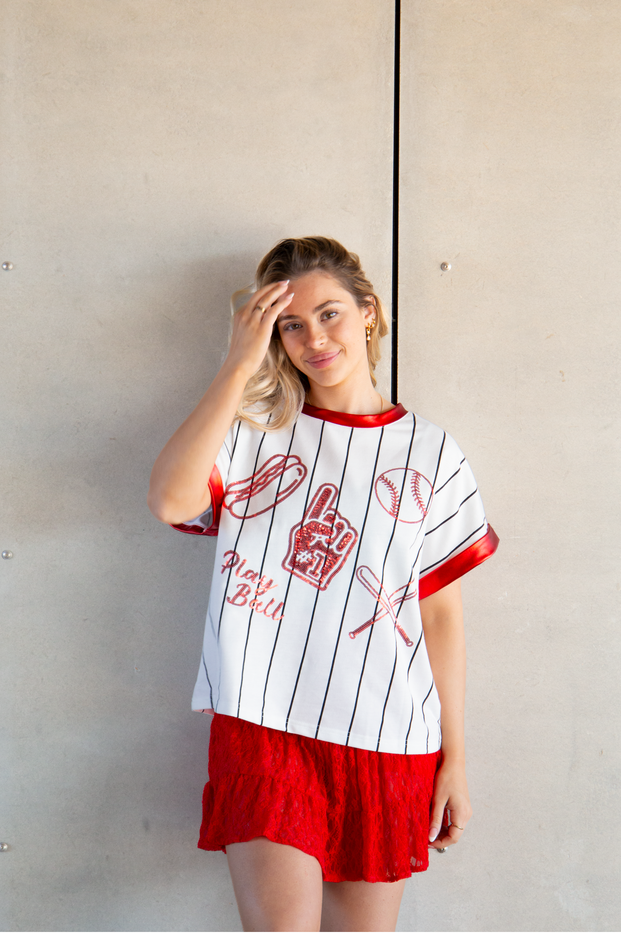Baseball Glitter Elements on White Striped Top
